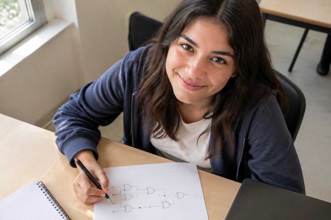 Dois alunos em pé diante do quadro branco, riscando a ordem em que o argumento será apresentado